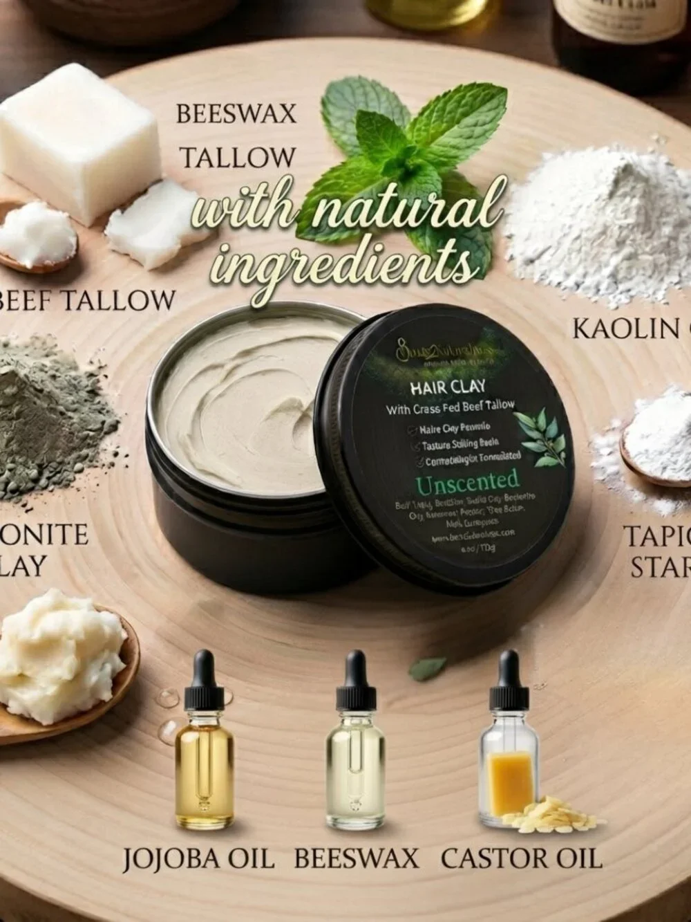 Back2Naturalness Tallow Hair Clay for Men • Matte Finish • Firm Hold • 4oz Jar